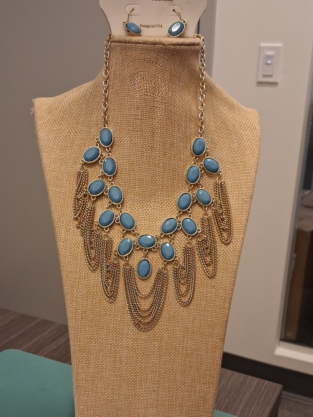 Gold-Tone Fringe Necklace with Blue Oval Accents - Women Jewelry